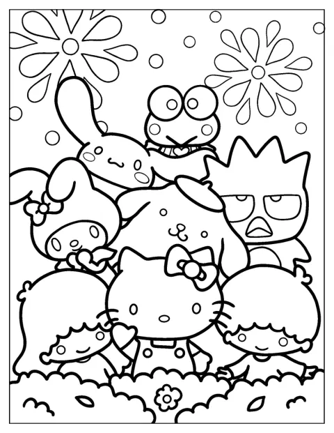 ハローキティと仲間たちが、冒険をテーマにしたポスターに描かれています。