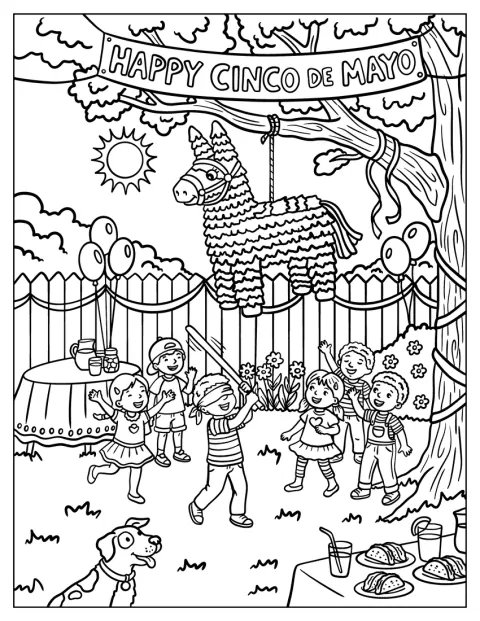 Børn slår på en piñata til en festlig Cinco de Mayo-fejring.