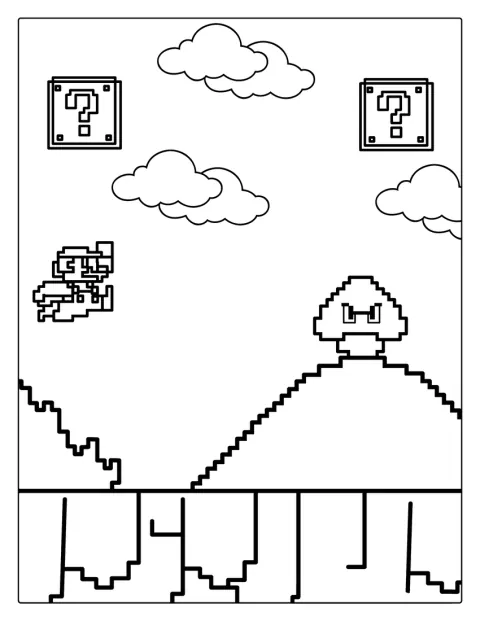 Mario incontra Goomba in una scena in stile pixelato.
