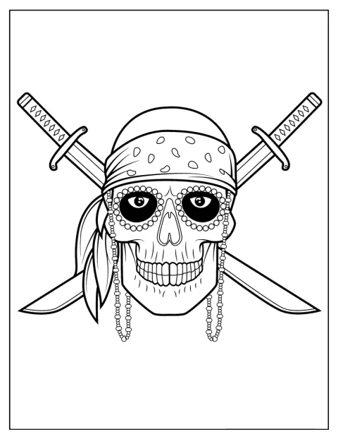 Ein mit Juwelen geschmückter Piratenschädel liegt zwischen zwei gekreuzten Schwertern.