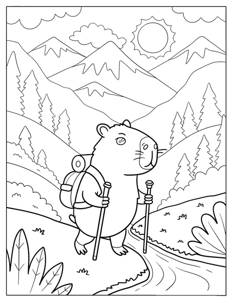 Met een rugzak en wandelstokken trekt een capibara door de bergen.