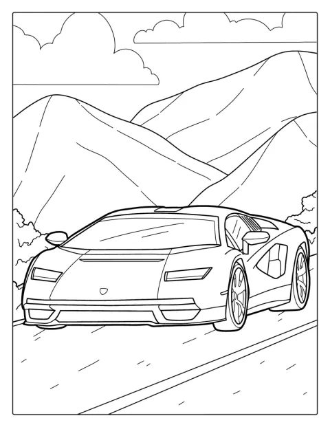 Lamborghini Aventador projíždí horskou krajinou.