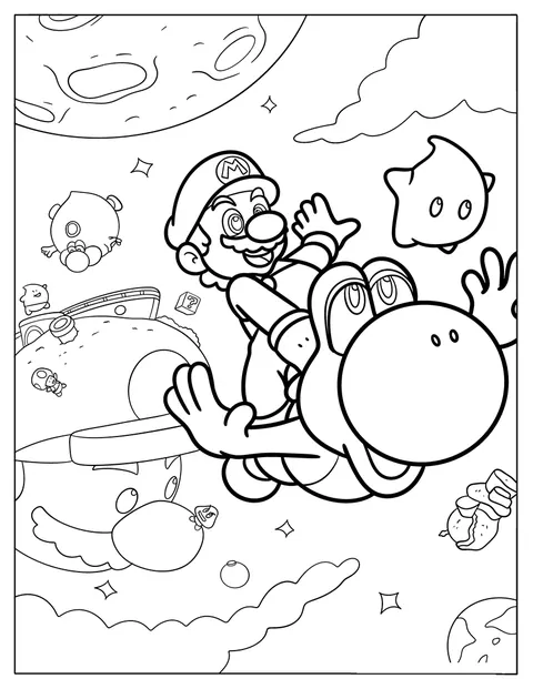 Mario vuela junto a Yoshi entre estrellas y planetas.