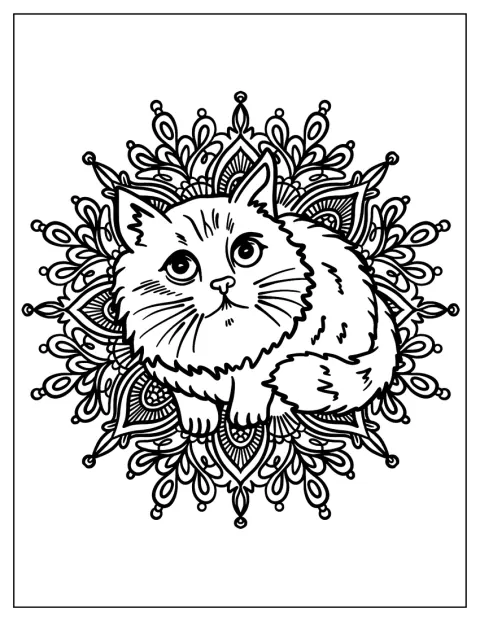 Furry Cat Inside A Complex An Animal Mandala Coloring Page