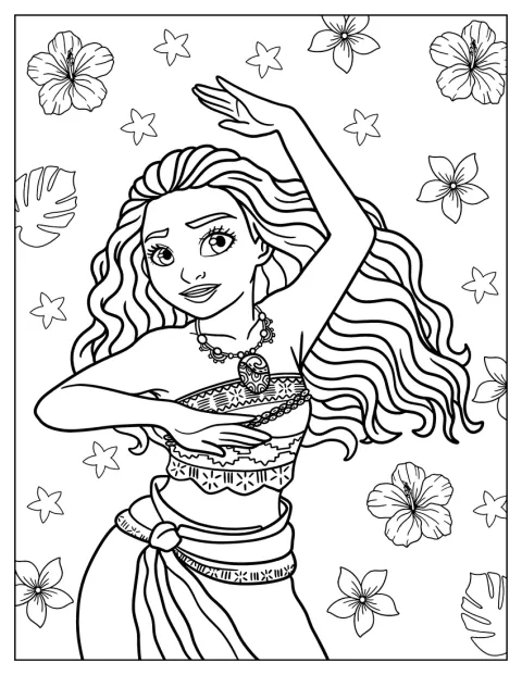 Moana dança com os braços levantados e um sorriso.