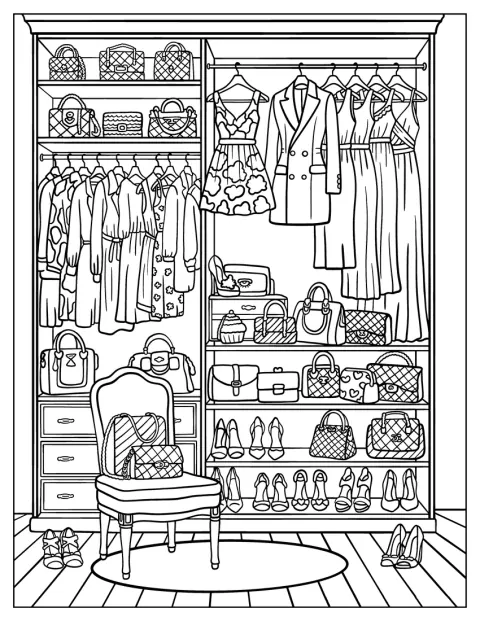 En elegant walk-in-garderobe bugner av kjoler, sko og håndvesker.