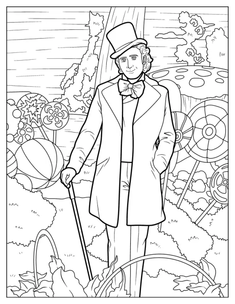 Willy Wonka stojí v zahradě obklopené obřími lízátky.