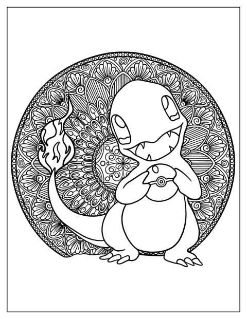 ヒトカゲがモンスターボールを手に持ち、曼荼羅模様に囲まれています。