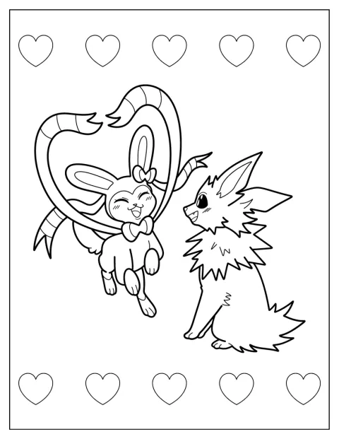 Jolteon se s úsměvem dívá na Sylveon.