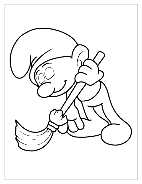Luie Smurf doet een dutje terwijl hij de vloer veegt.