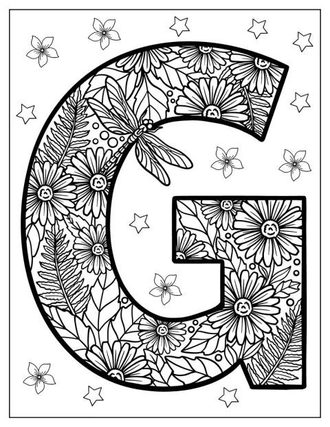 Una libellula e alcune stelle decorano una grande lettera G ricoperta di fiori.