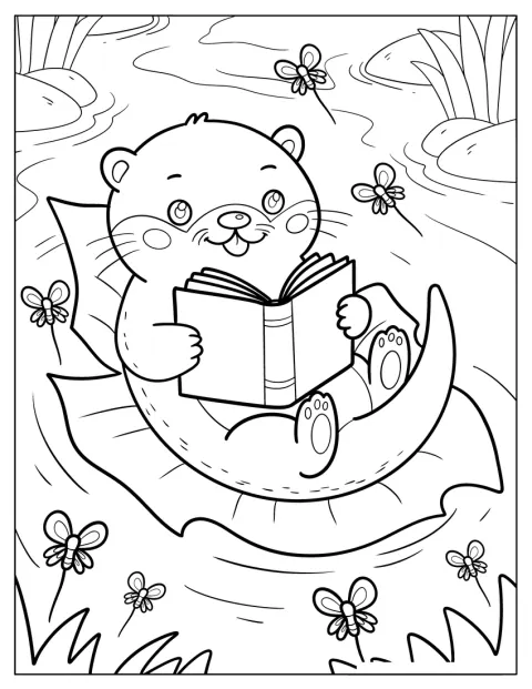 Een slimme otter leest een boek terwijl hij op een blad drijft.
