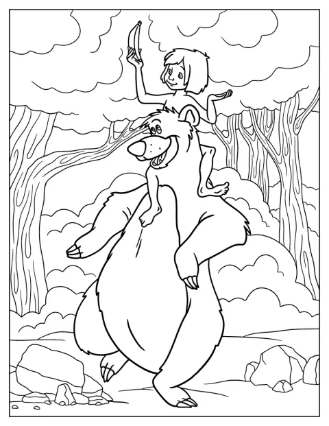 Jungle Book Coloring Page Of Mowgli Riding On Baloo’s Back For Kids