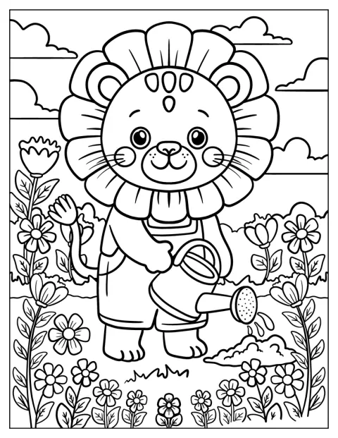 Un león chibi con una flor en la melena riega el jardín.