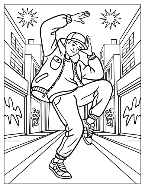 Un bailarín callejero de hip hop ejecuta pasos entre edificios urbanos.