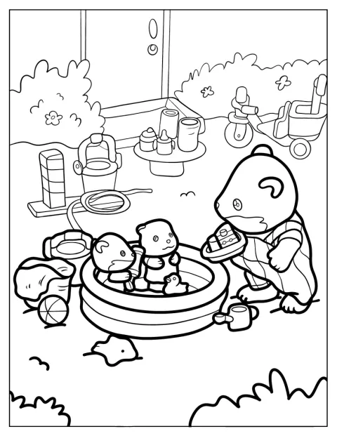 De otterfamilie van Calico Critters speelt samen in het water.