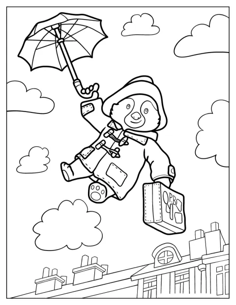 Paddington az égben repül az esernyőjébe kapaszkodva, bőrönddel az oldalán.