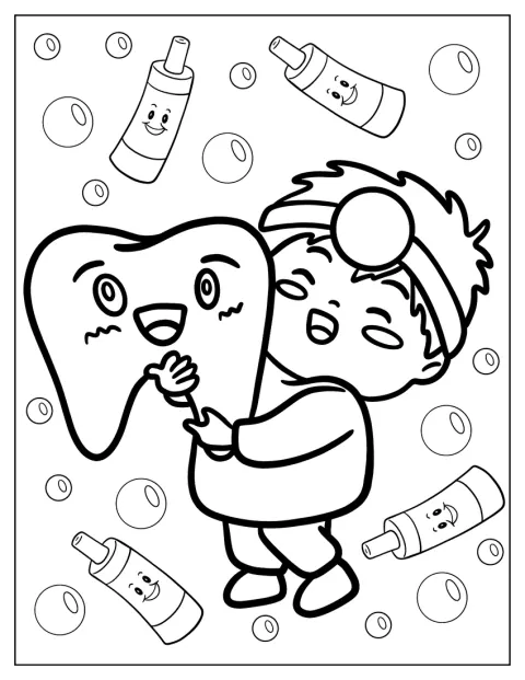 Une dentiste kawaii serre une grande dent dans ses bras.