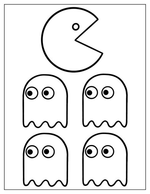 Pac-Man syns tillsammans med flera spöken i en enkel kontur.