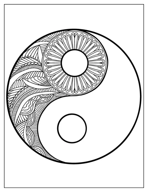 Petale și ornamente florale se împletesc într-o mandală în formă de Yin și Yang.
