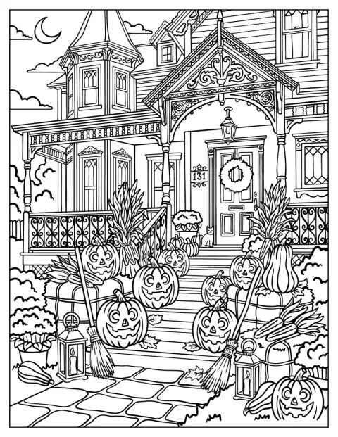 Abóboras de Halloween enfeitam a entrada de uma casa vitoriana.