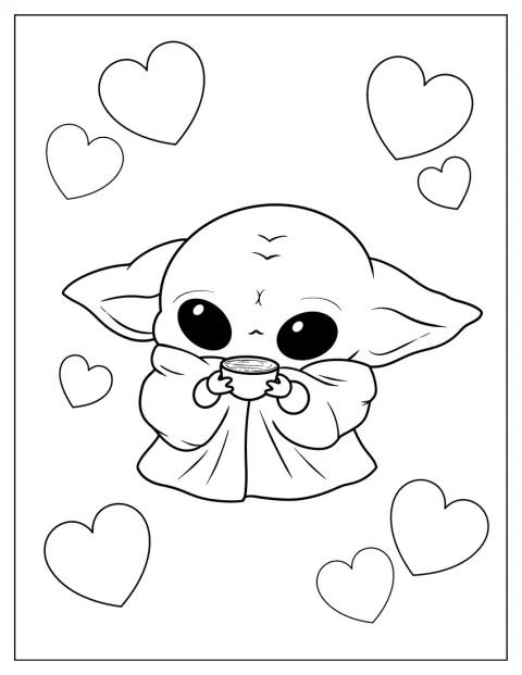 Uroczy Baby Yoda pozuje z dużymi oczami i słodkim uśmiechem.