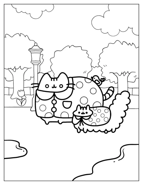 Pusheen și Stormy se plimbă împreună prin parc.