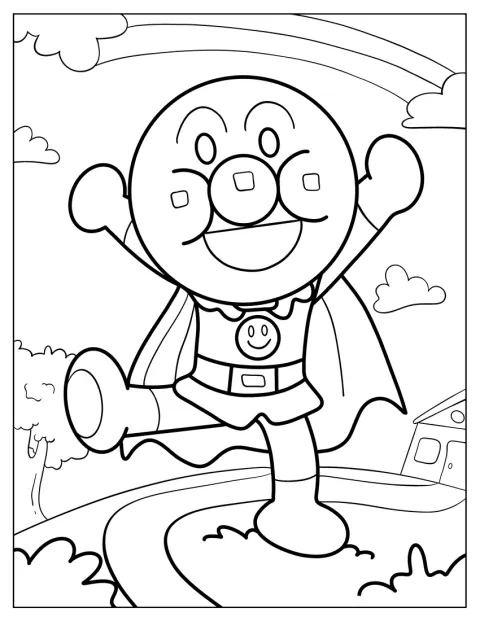 Anpanman se široce usmívá a vypadá šťastně.