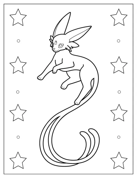 Espeon står med sin lange hale strakt bagud.