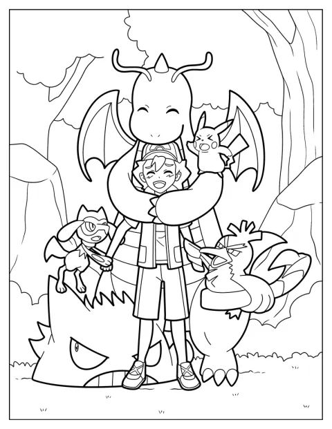 Ash staat omringd door Dragonite, Pikachu, Gengar en Lucario.