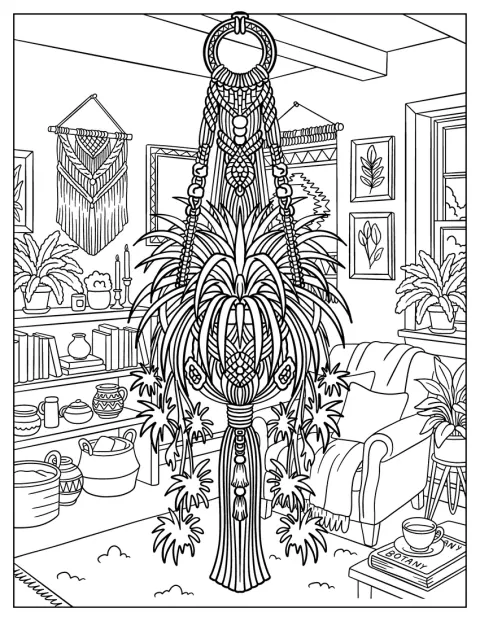 Een macramé plantenhanger met hangplanten siert een gezellig interieur.