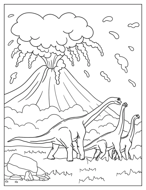 Tre Brachiosaurus springer bort från en vulkan.