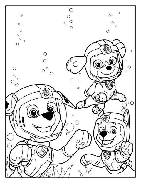 Hundene fra Paw Patrol dykker sammen under vann.