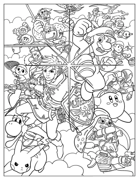Postavy ze Super Smash Bros jsou společně zobrazené na jednom obrázku.