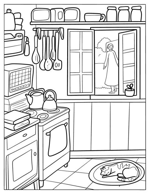 Kitchen Sleeping In A Cozy Kitchen Coloring Page