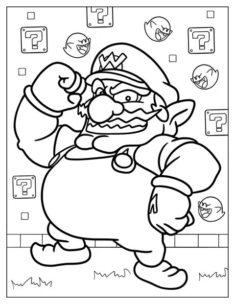 Wario flinar brett med händerna vid höfterna.
