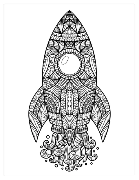 Eine Rakete bildet das Zentrum eines detailreichen Mandalas.