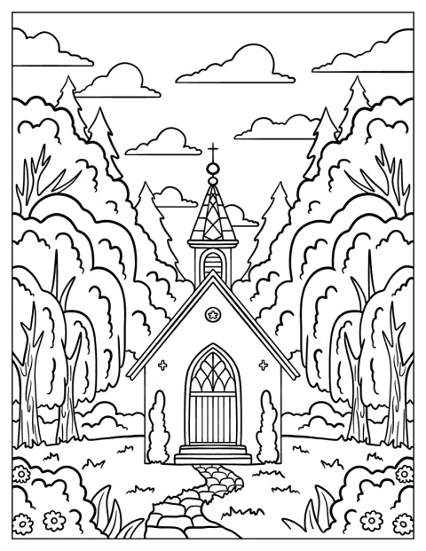 Zwischen Bäumen versteckt sich eine Kirche, zu der ein Steinweg führt.