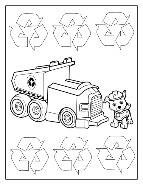 Rocky fra Paw Patrol står sammen med en skraldebil.