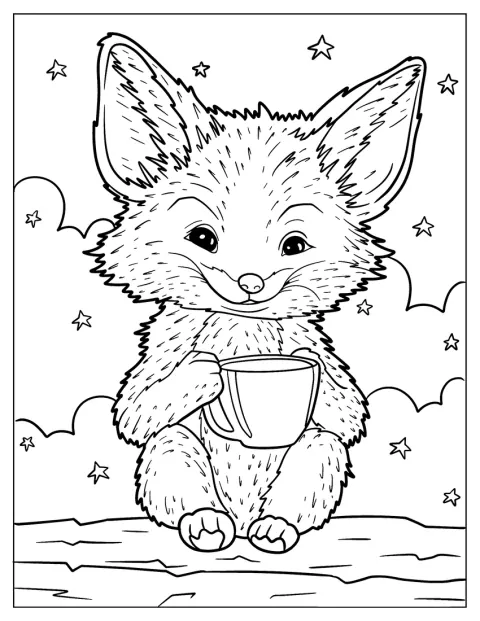 キツネがカップを持ち、雲に囲まれています。