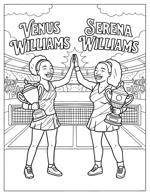 Venus ja Serena Williams seisovat rinnakkain tennismailat kädessään.