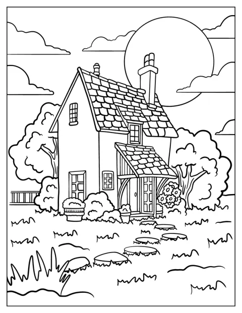 Et lille hus med hyggelig cottagecore-stil ligger omgivet af landlig idyl.