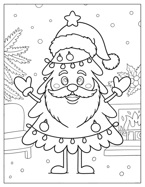 Papá Noel aparece al lado de un árbol de Navidad.