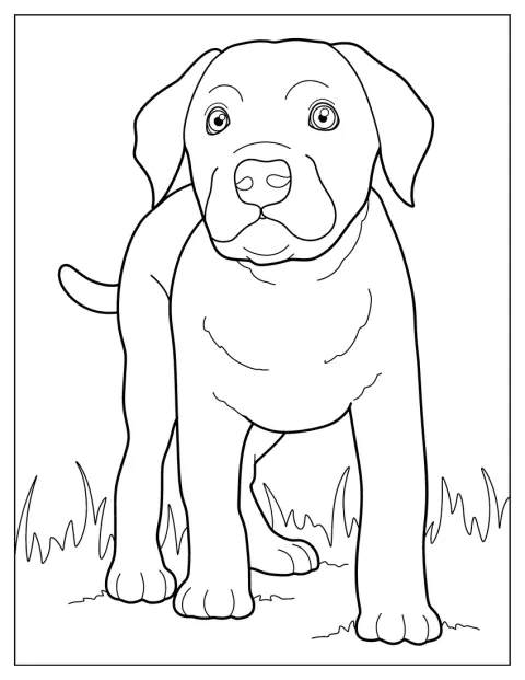 Un cucciolo di Labrador siede sull'erba.