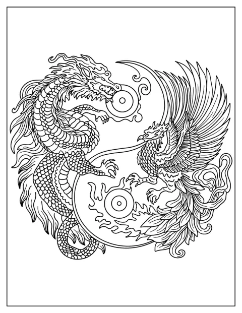 Un dragon și o pasăre Phoenix se învârt împreună într-un simbol Yin și Yang.