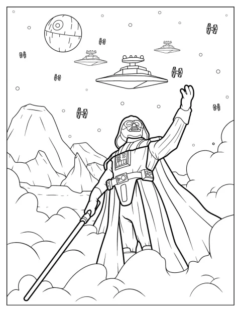 I verdensrommet kjemper Darth Vader med lyssabel.