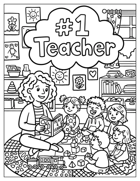 先生が幼い生徒たちに、教室で本を読み聞かせています。