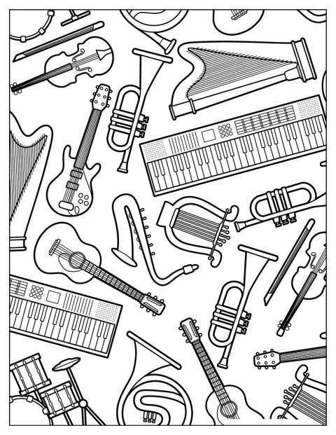 Obok siebie znajdują się organy, gitara elektryczna, trąbka, skrzypce, harfa i saksofon.