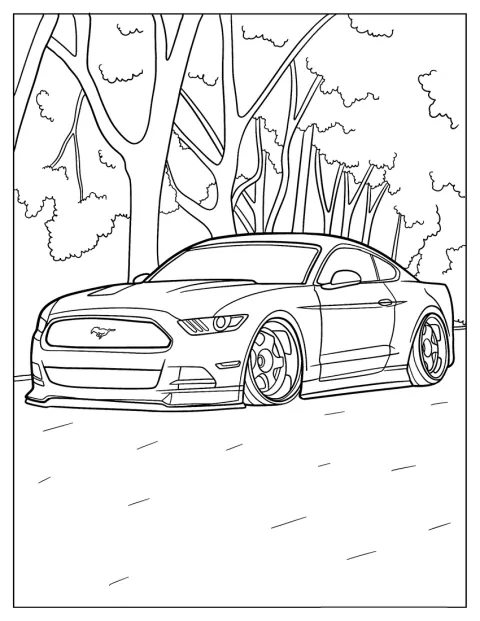 Ford Mustang stoi w efektownej pozie, a za nim rosną drzewa.