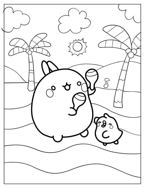 Molang skakar maracas och Piu Piu dansar glatt bredvid.